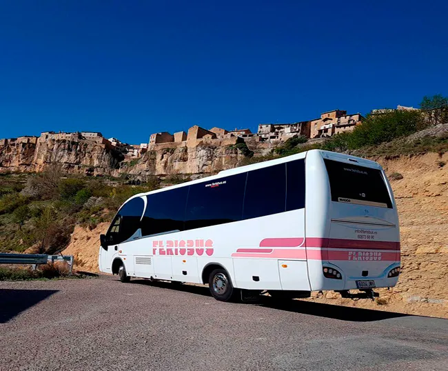 Autocar Ferisbus davant d'un paisatge urbà de muntanya